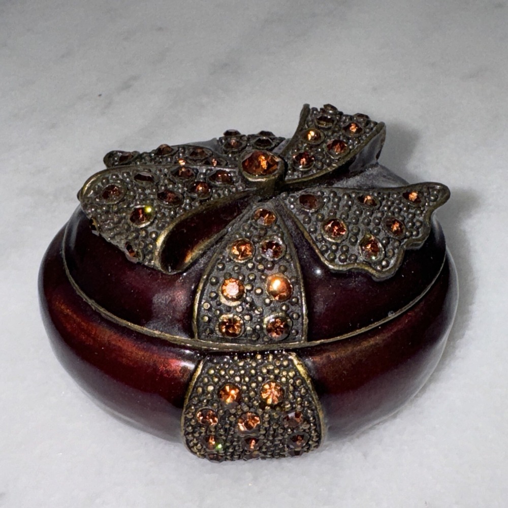 Brown Enamel / Amber Jeweled Bow on Top Trinket Box with Magnetic Closure - Picture 2 of 8